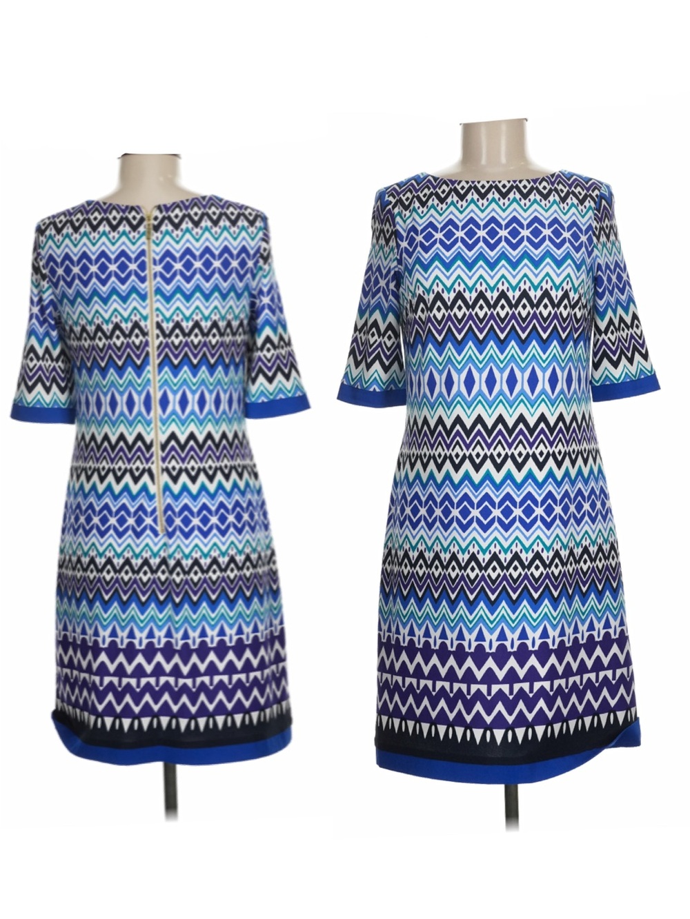Eliza J chevron blue geometric print stretch shift dress gold back zipper 6P